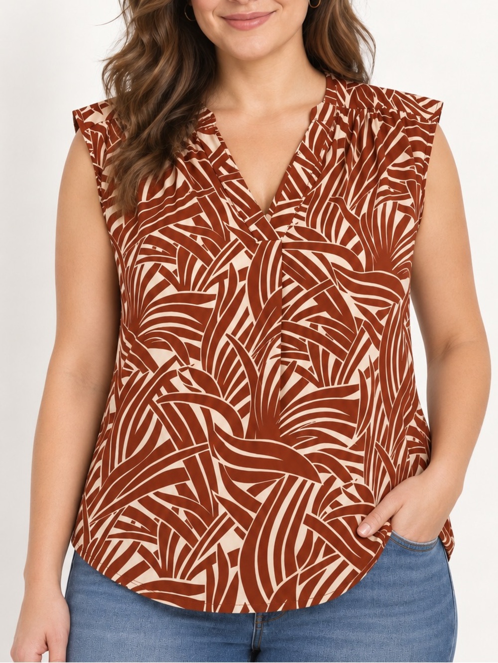 Ann Taylor Factory Rust and Cream Leaf-Print V-Neck Sleeveless Top